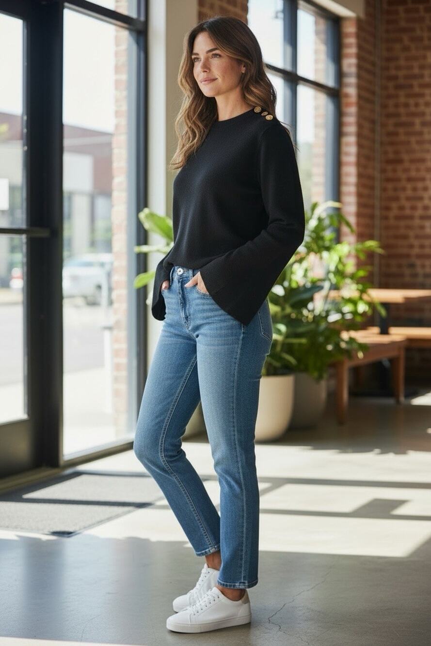 Tory Burch Black 100% Merino Wool Shoulder Placket Sweater Size M